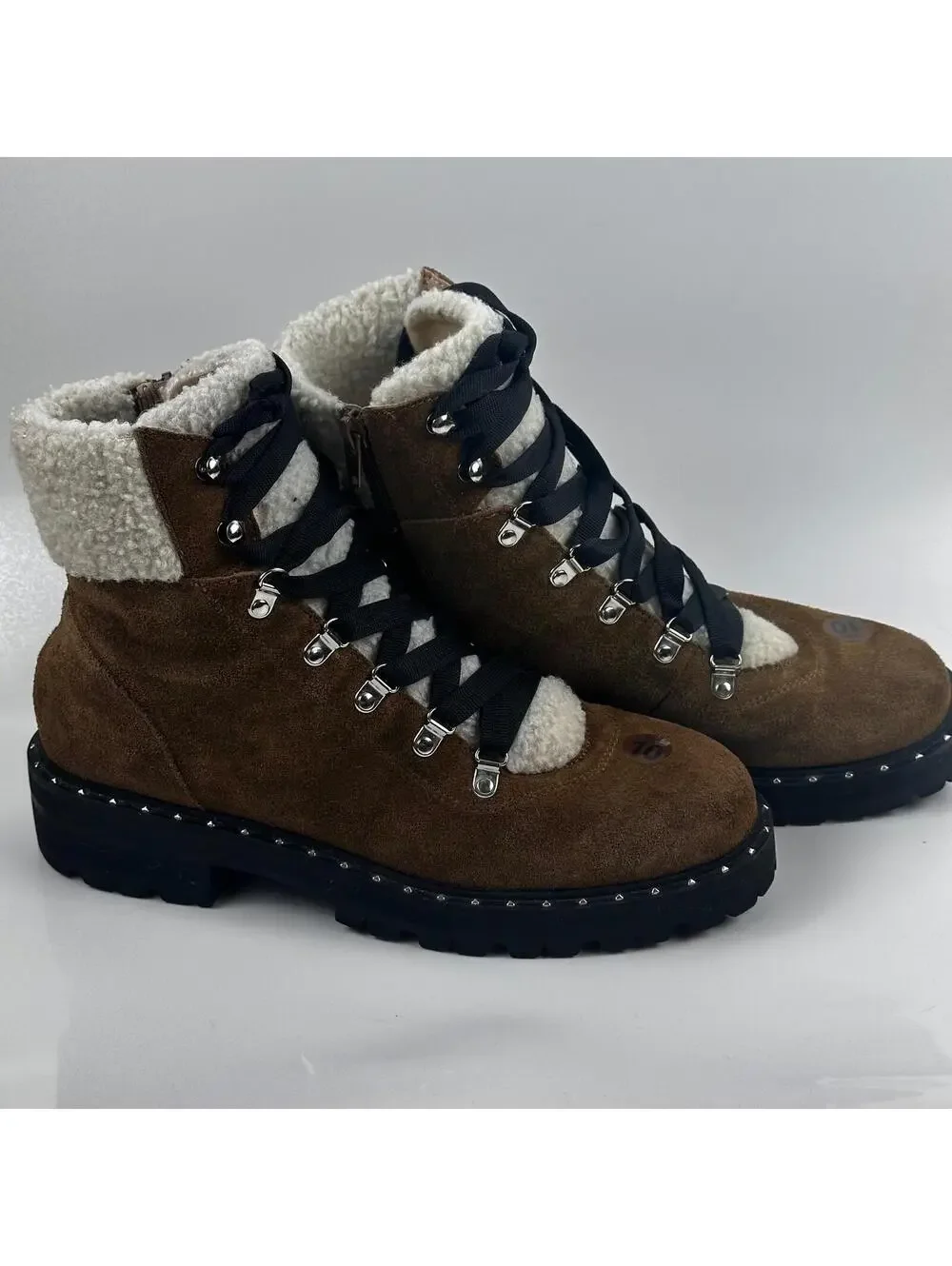 Steve Madden Receptive Hiking Boots Womens 10 BrownSuede Faux Fur Lug Sole Studs